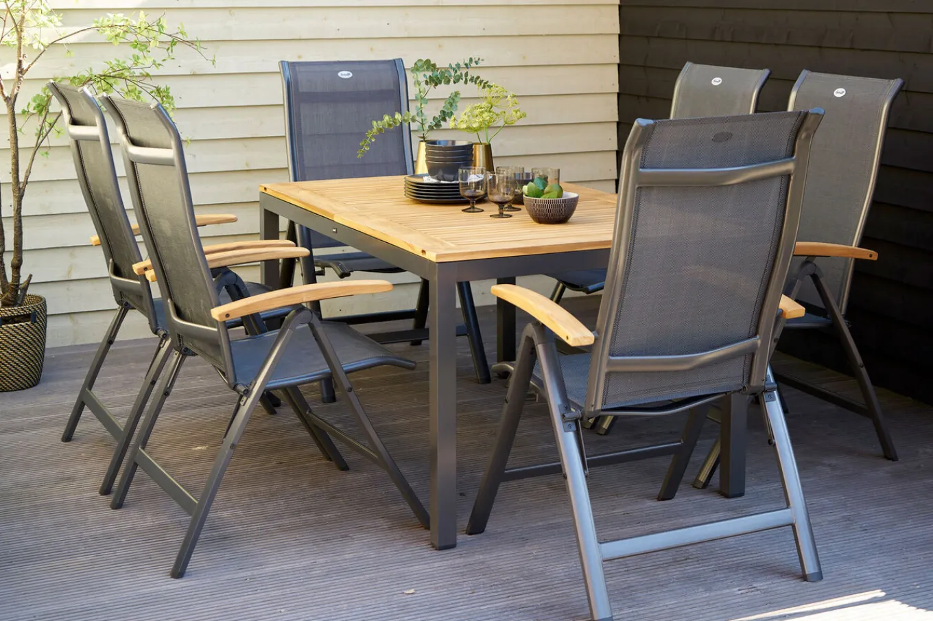 Online Alice/South Wales Garten-Essgruppe, xerix/natur, Alu/Teak/2x2 Textilen, 150/210x90 cm, 6 Klappstühle Garten-Essgruppen|Aluminium-Gartenmöbel