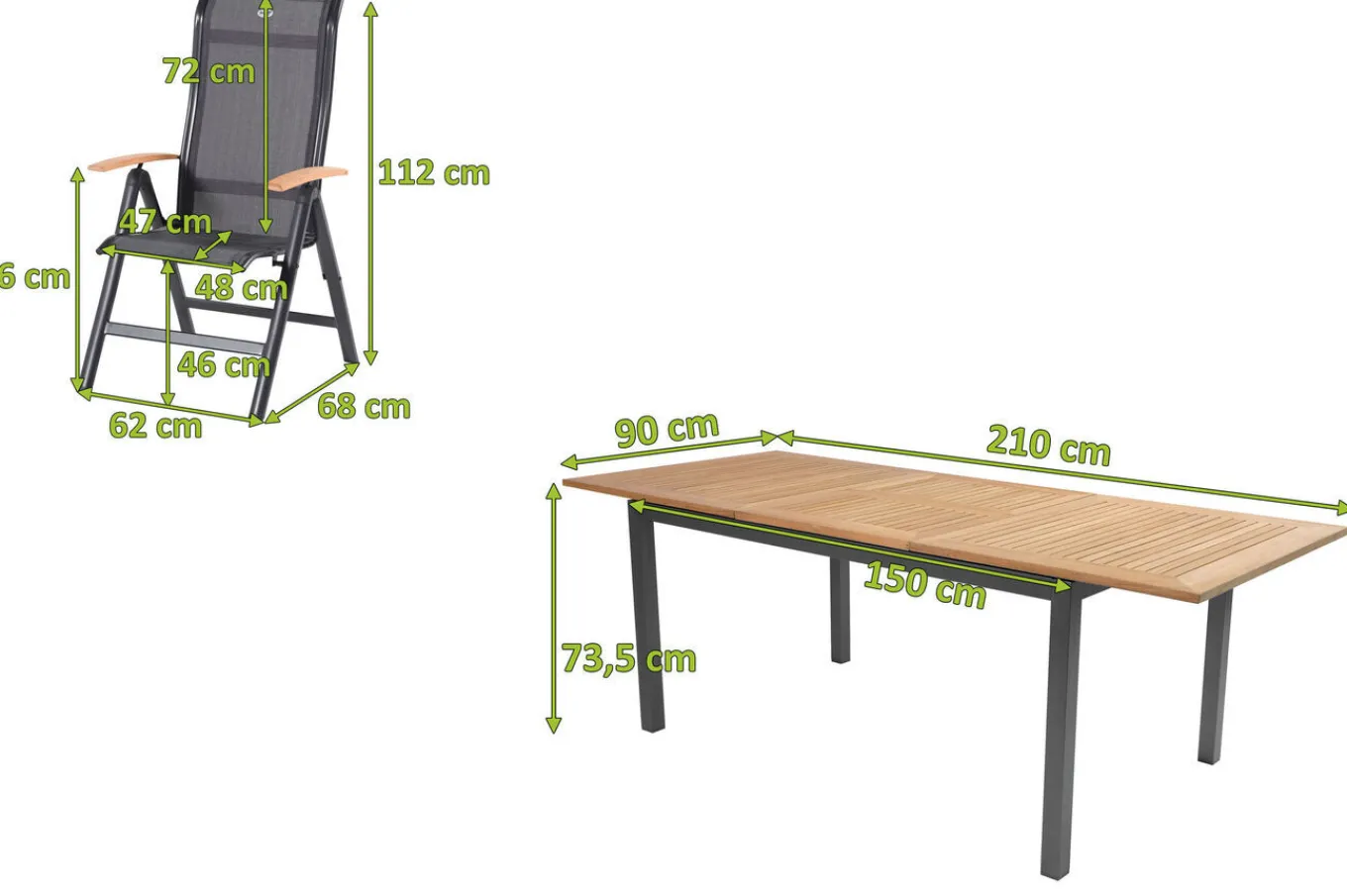 Online Alice/South Wales Garten-Essgruppe, xerix/natur, Alu/Teak/2x2 Textilen, 150/210x90 cm, 6 Klappstühle Garten-Essgruppen|Aluminium-Gartenmöbel