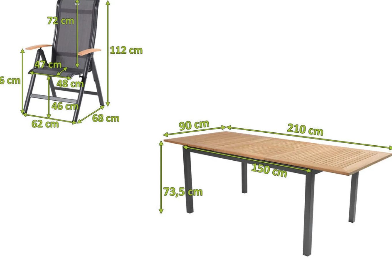 Online Alice/South Wales Garten-Essgruppe, xerix/natur, Alu/Teak/2x2 Textilen, 150/210x90 cm, 6 Klappstühle Garten-Essgruppen|Aluminium-Gartenmöbel