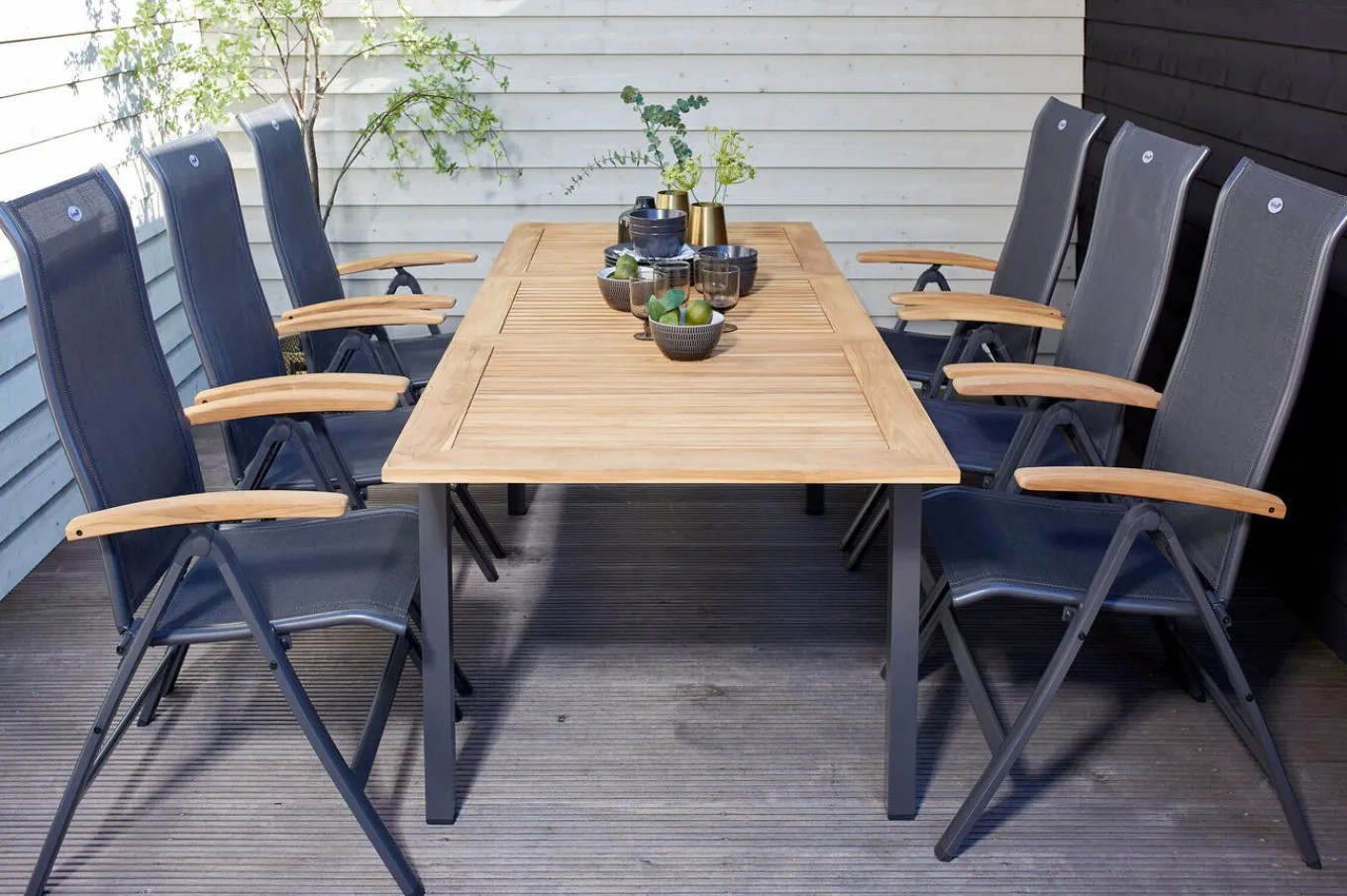 Online Alice/South Wales Garten-Essgruppe, xerix/natur, Alu/Teak/2x2 Textilen, 150/210x90 cm, 6 Klappstühle Garten-Essgruppen|Aluminium-Gartenmöbel