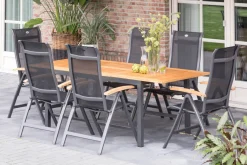 Online Alice/South Wales Garten-Essgruppe, xerix/natur, Alu/Teak/2x2 Textilen, 150/210x90 cm, 6 Klappstühle Garten-Essgruppen|Aluminium-Gartenmöbel