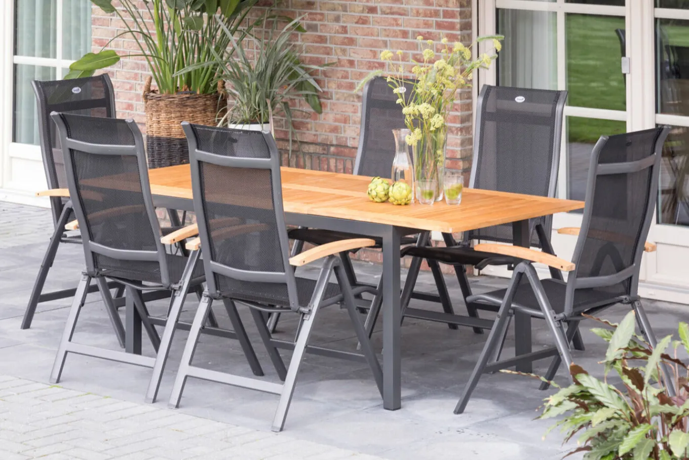 Online Alice/South Wales Garten-Essgruppe, xerix/natur, Alu/Teak/2x2 Textilen, 150/210x90 cm, 6 Klappstühle Garten-Essgruppen|Aluminium-Gartenmöbel