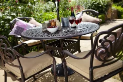 Hot Amalfi Garten-Essgruppe, bronze, Alu-Guss, Ø120cm, 4 Sessel inkl. Wendekissen Aluguss-Gartenmöbel|Garten-Essgruppen