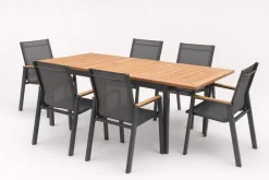 Outlet Aruba Garten-Essgruppe, xerix/natur, Alu/Teak, 6 Stapelsessel, 150/210x90cm Garten-Essgruppen