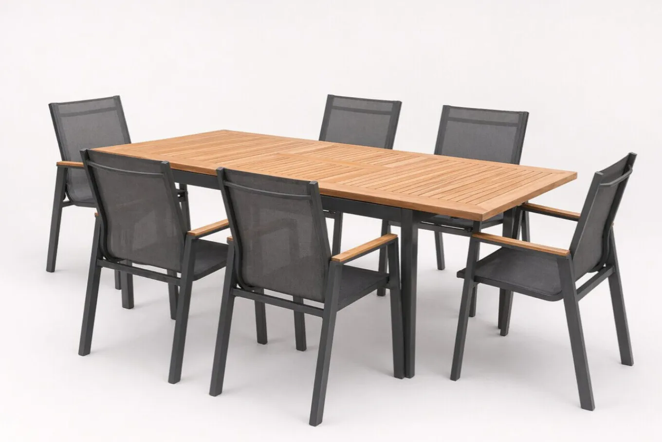 Outlet Aruba Garten-Essgruppe, xerix/natur, Alu/Teak, 6 Stapelsessel, 150/210x90cm Garten-Essgruppen