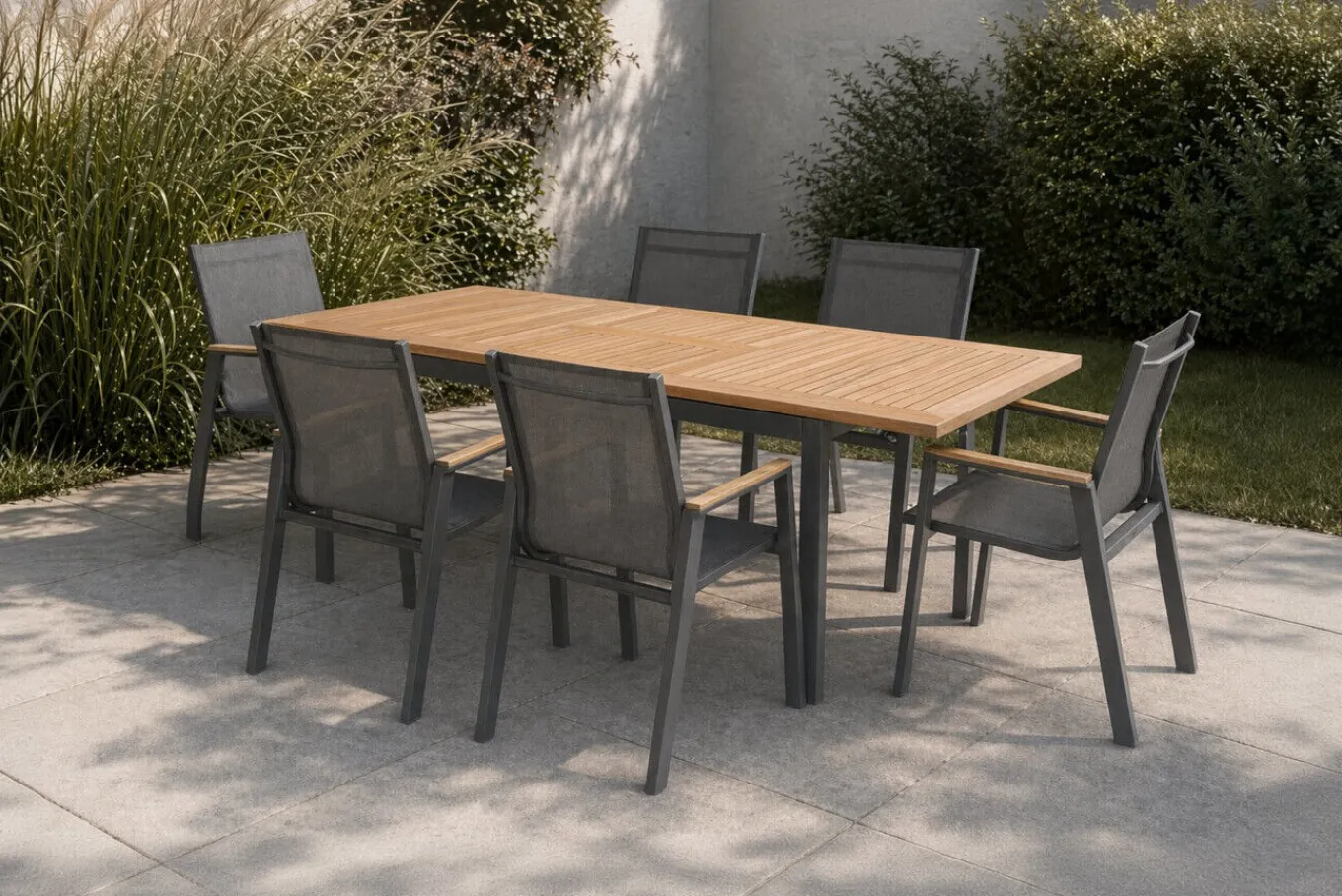 Outlet Aruba Garten-Essgruppe, xerix/natur, Alu/Teak, 6 Stapelsessel, 150/210x90cm Garten-Essgruppen