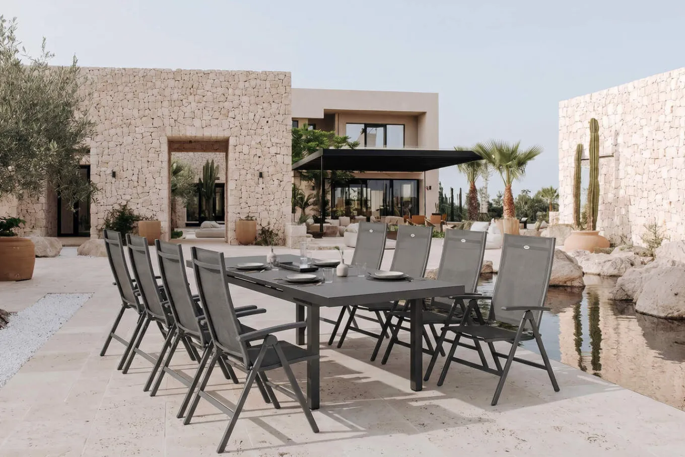 Discount Aruba Garten-Essgruppe, xerix, Alu/Textilene, Tisch 180/240x100cm, 8 Klappstühle Garten-Essgruppen
