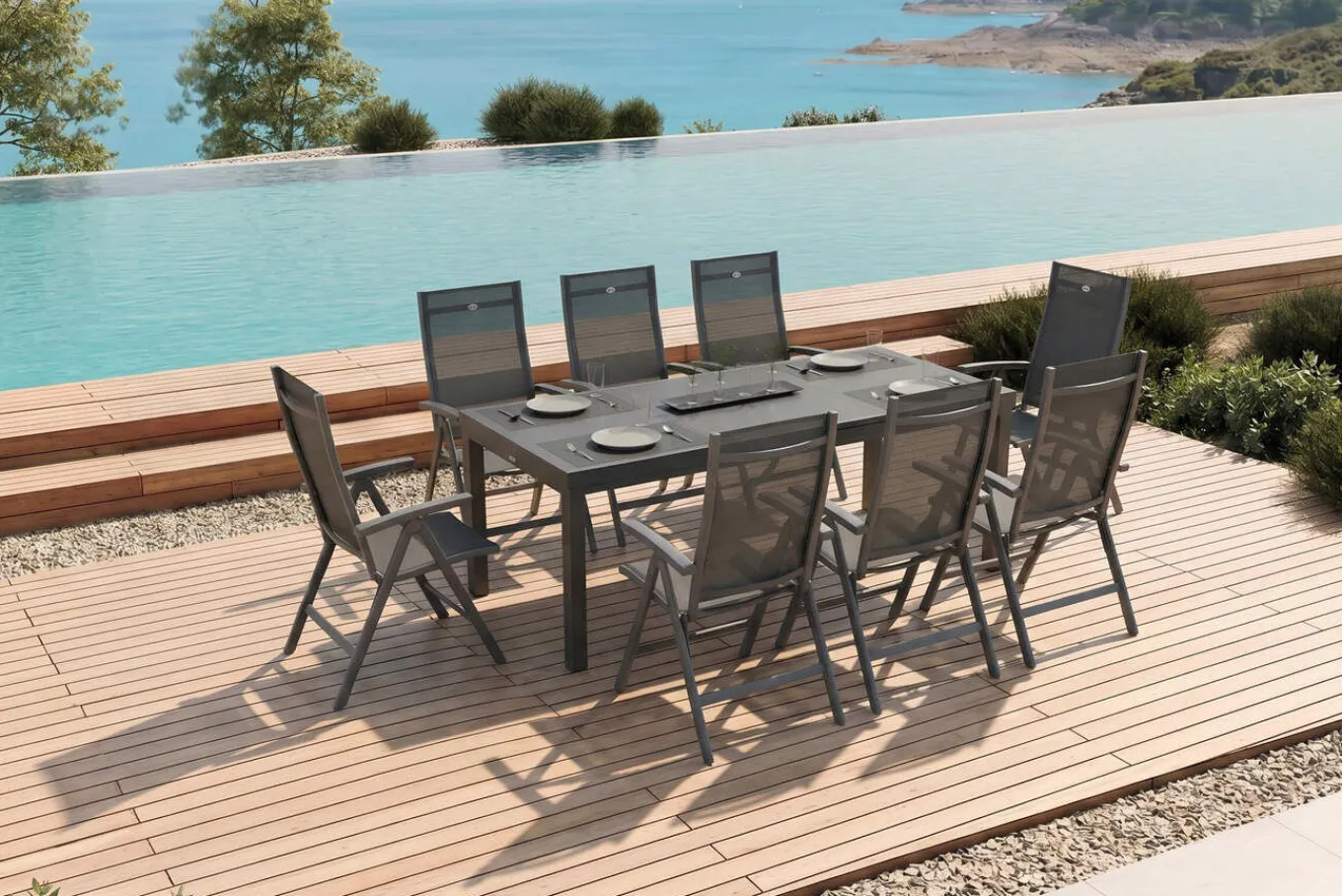 Discount Aruba Garten-Essgruppe, xerix, Alu/Textilene, Tisch 180/240x100cm, 8 Klappstühle Garten-Essgruppen
