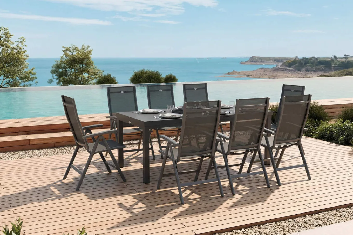 Discount Aruba Garten-Essgruppe, xerix, Alu/Textilene, Tisch 180/240x100cm, 8 Klappstühle Garten-Essgruppen