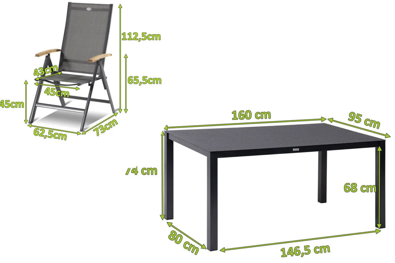 Clearance Aruba Garten-Essgruppe, xerix/anthrazit, Alu/Spraystone/Teak, 160x95 cm, 4 Klappstühle, Teak Armlehnen Garten-Essgruppen|Aluminium-Gartenmöbel