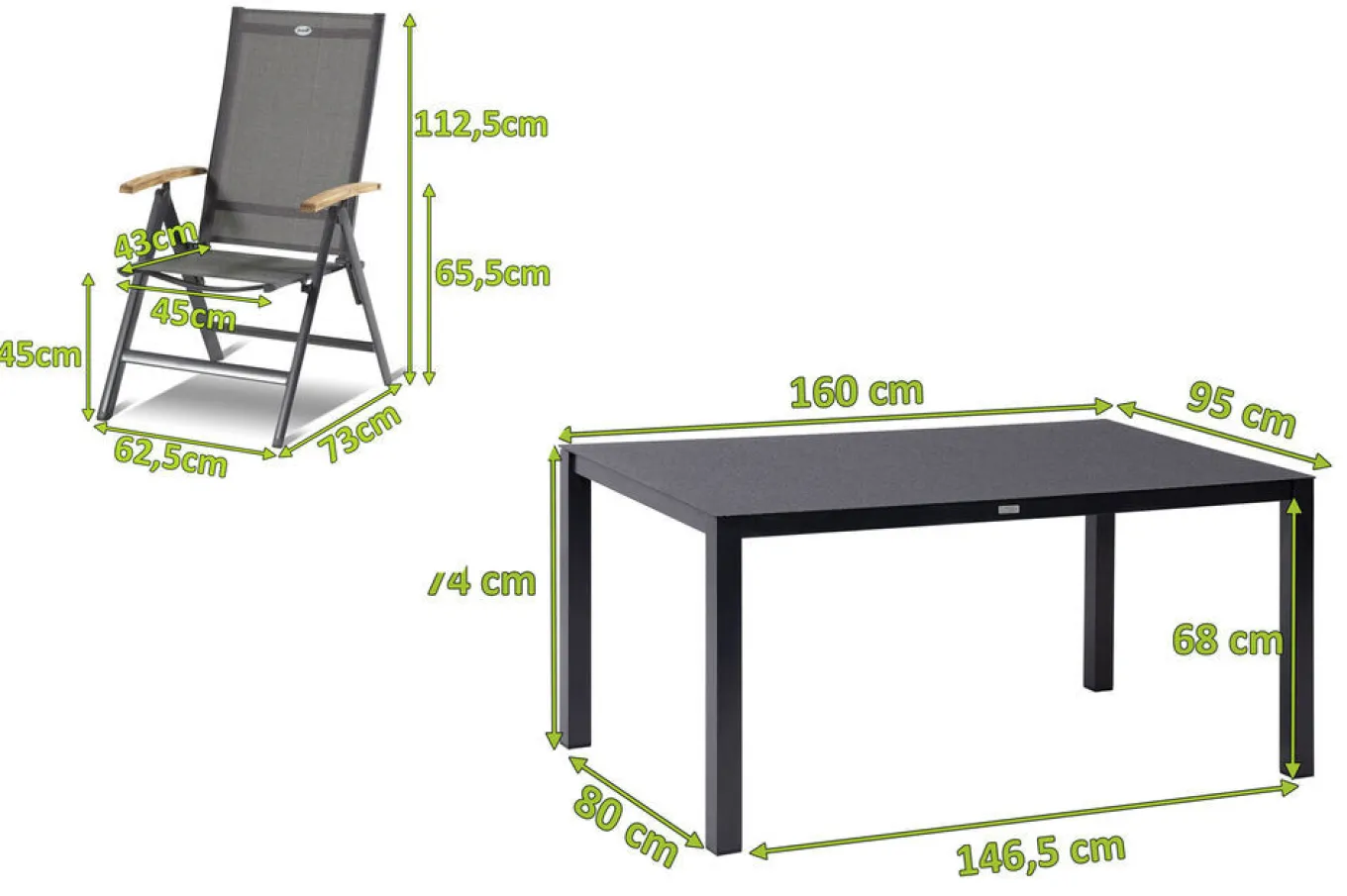 Clearance Aruba Garten-Essgruppe, xerix/anthrazit, Alu/Spraystone/Teak, 160x95 cm, 4 Klappstühle, Teak Armlehnen Garten-Essgruppen|Aluminium-Gartenmöbel