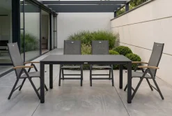 Clearance Aruba Garten-Essgruppe, xerix/anthrazit, Alu/Spraystone/Teak, 160x95 cm, 4 Klappstühle, Teak Armlehnen Garten-Essgruppen|Aluminium-Gartenmöbel