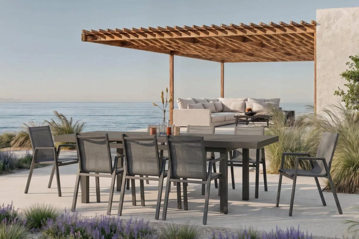 Clearance Aruba Garten-Essgruppe, xerix, Alu/Textilene, Tisch 180/240x100cm, 8 Stapelsessel Garten-Essgruppen|Aluminium-Gartenmöbel