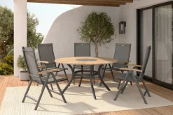 Sale Aruba/Provence Garten-Essgruppe, xerix/natur, Alu/Textilene/Teak, Ø150 cm, 5 Klappstühle, Eisbox Garten-Essgruppen|Aluminium-Gartenmöbel