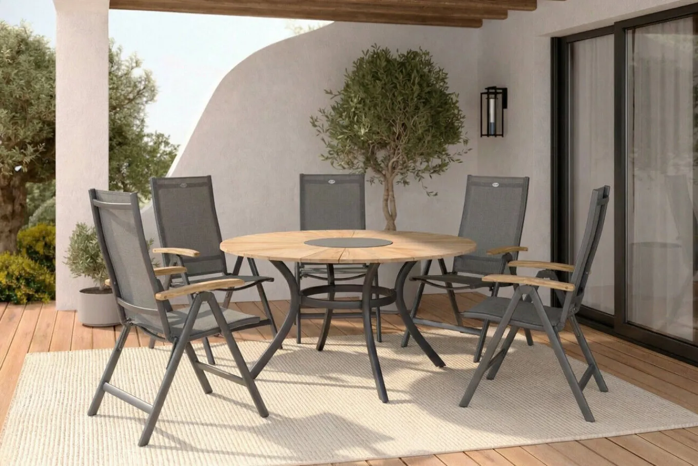 Sale Aruba/Provence Garten-Essgruppe, xerix/natur, Alu/Textilene/Teak, Ø150 cm, 5 Klappstühle, Eisbox Garten-Essgruppen|Aluminium-Gartenmöbel