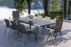 Hot Aruba Teak Garten-Essgruppe, xerix, Alu/Textilene, Tisch 180/240x100cm, 6 Stapel-, 2 Klappstühle Garten-Essgruppen