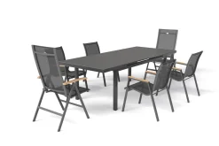Aruba Teak Garten-Essgruppe, xerix, Alu/Textilene, Tisch 180/240x100cm, 4 Stapel-, 2 Klappstühle Garten-Essgruppen