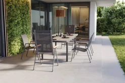 Aruba Teak Garten-Essgruppe, xerix, Alu/Textilene, Tisch 180/240x100cm, 4 Stapel-, 2 Klappstühle Garten-Essgruppen