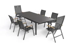 Aruba Teak Garten-Essgruppe, xerix, Alu/Textilene, Tisch 180/240x100cm, 4 Stapel-, 2 Klappstühle Garten-Essgruppen
