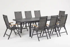 Hot Aruba Teak Garten-Essgruppe, xerix, Alu/Textilene, Tisch 180/240x100cm, 8 Klappstühle Garten-Essgruppen