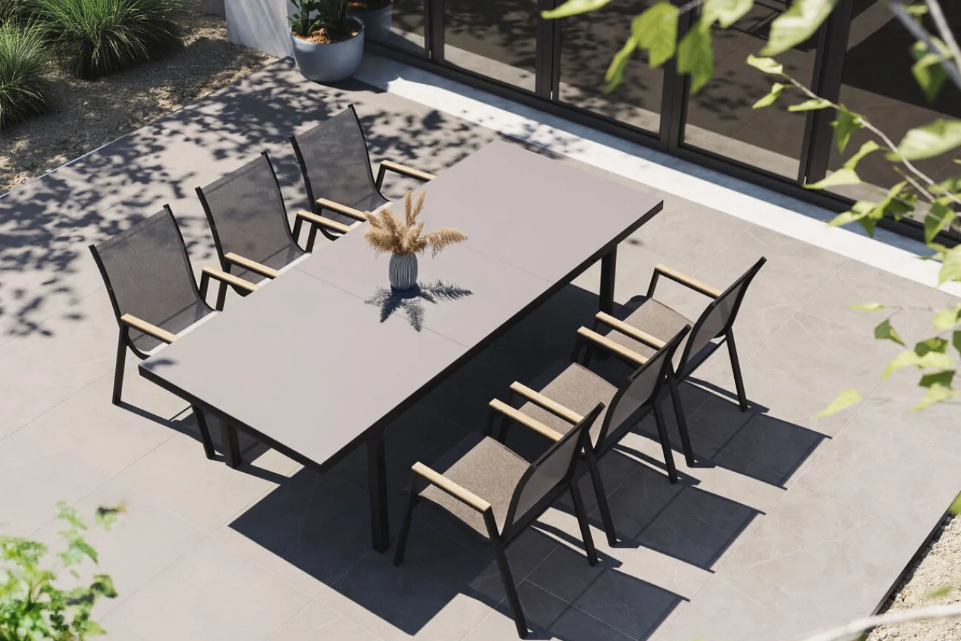Discount Aruba Teak Garten-Essgruppe, xerix, Alu/Textilene, Tisch 180/240x100cm, 6 Stapelsessel Garten-Essgruppen