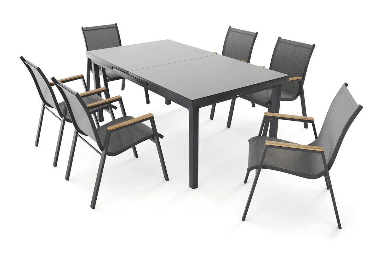 Discount Aruba Teak Garten-Essgruppe, xerix, Alu/Textilene, Tisch 180/240x100cm, 6 Stapelsessel Garten-Essgruppen
