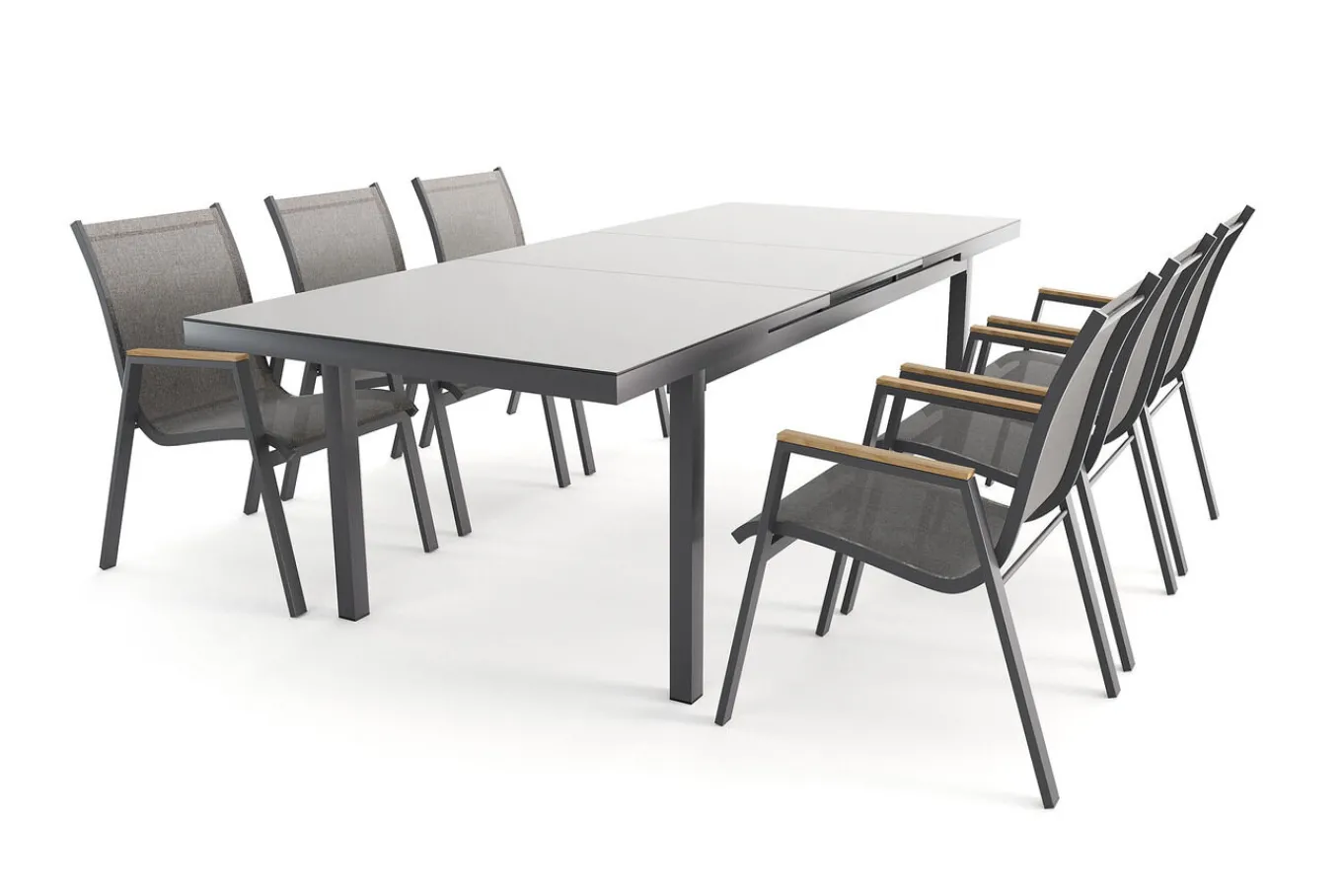 Discount Aruba Teak Garten-Essgruppe, xerix, Alu/Textilene, Tisch 180/240x100cm, 6 Stapelsessel Garten-Essgruppen