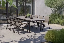 Discount Aruba Teak Garten-Essgruppe, xerix, Alu/Textilene, Tisch 180/240x100cm, 6 Stapelsessel Garten-Essgruppen
