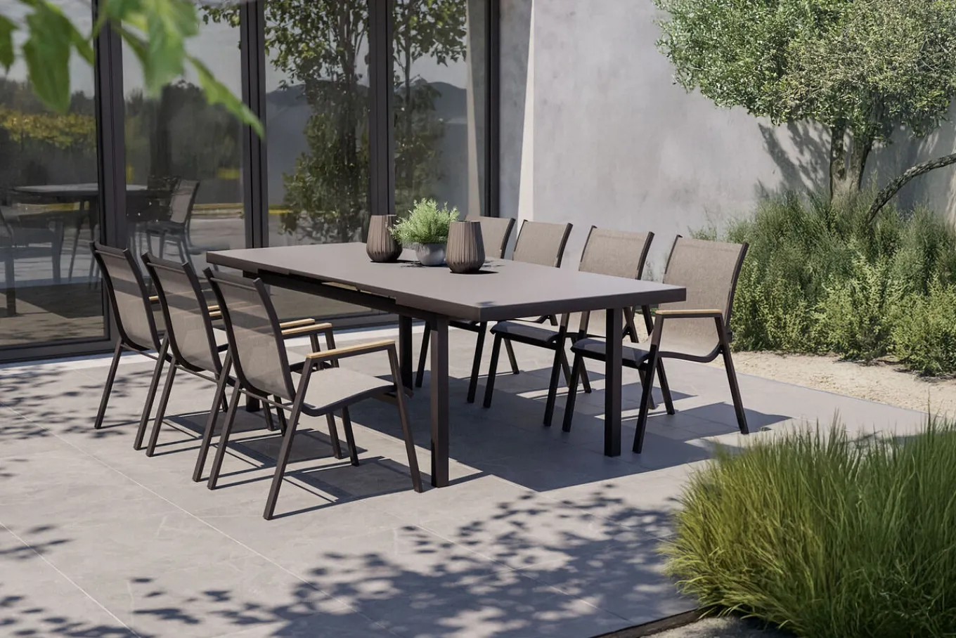 Discount Aruba Teak Garten-Essgruppe, xerix, Alu/Textilene, Tisch 180/240x100cm, 6 Stapelsessel Garten-Essgruppen