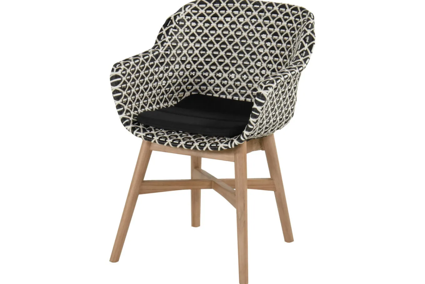 Clearance Delphine Armlehnensessel, Schwarz/Weiß, Teak / Geflecht, 63 x 61 x 84 cm, Hohe Belastbarkeit, Langlebig Gartenstühle & Gartensessel|Teak-Gartenmöbel