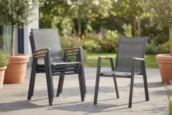 Sale 4er Set Aruba Stapelsessel, xerix/anthrazit, Alu/Textilene, mit Teak-Armlehnen Aluminium-Gartenmöbel|Gartenstühle & Gartensessel