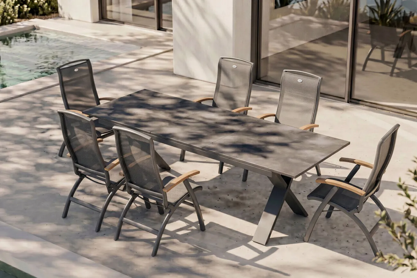 Online Exklusivmodell Xanadu, Da Vinci Garten-Essgruppe, 6 Personen, ausziehbarer Tisch 220–280 cm, Alu/Glaskeramik Garten-Essgruppen