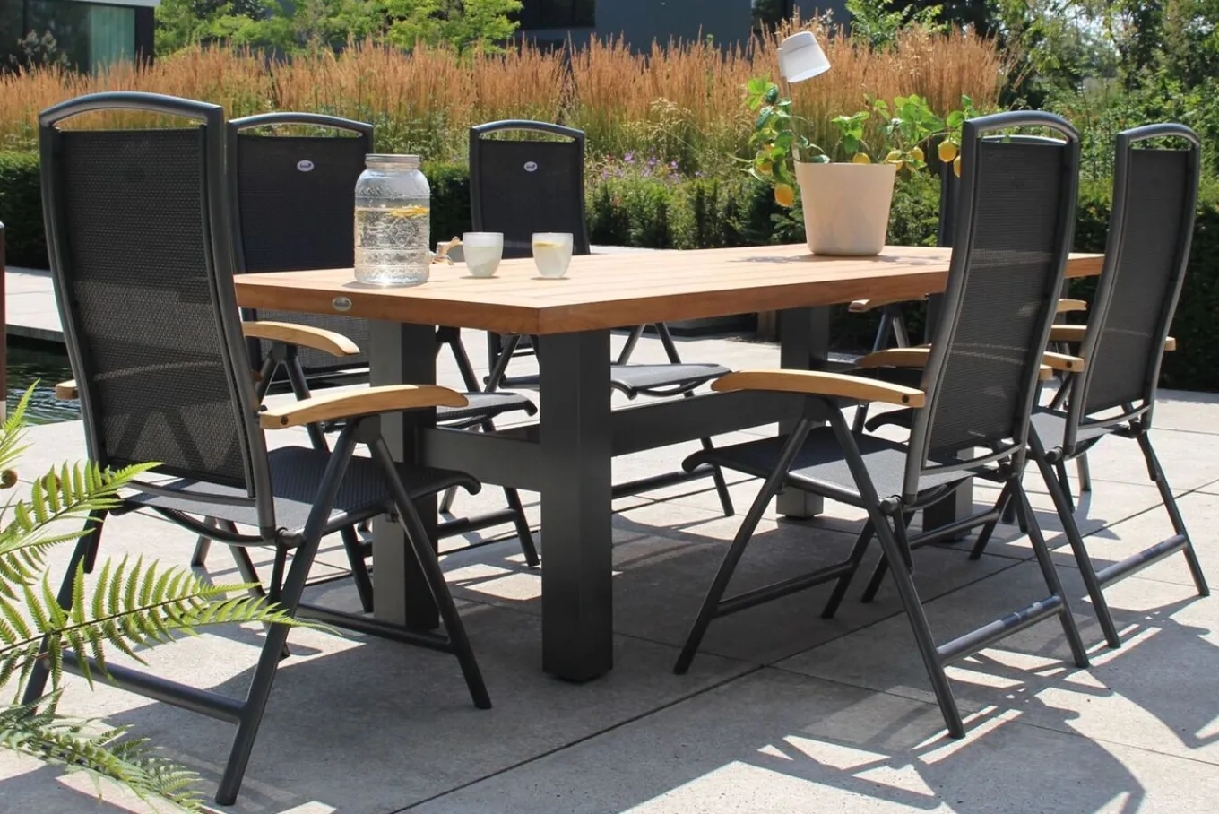 Sale Exklusivmodell, Yasmani/Raffaelo Garten-Essgruppe, xerix, Alu/Teakholz, 240x100cm, 6 Klappstühle Garten-Essgruppen