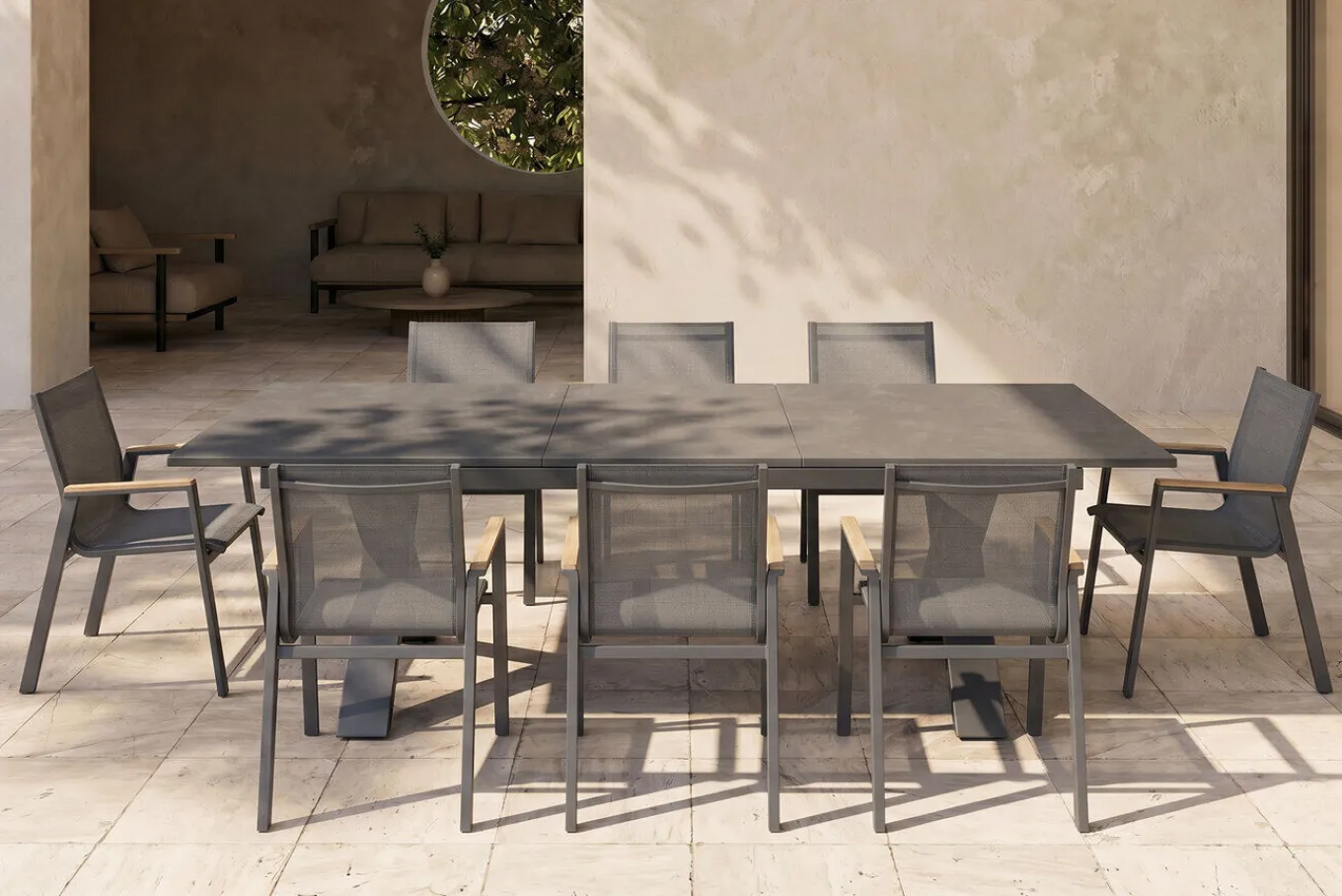 Best Garten-Essgruppe, Exklusivmodell Xanadu / Aruba Set, xerix/anthrazit, Alu/Glaskeramik, 8 Stapelsessel, 220/280x100cm Garten-Essgruppen