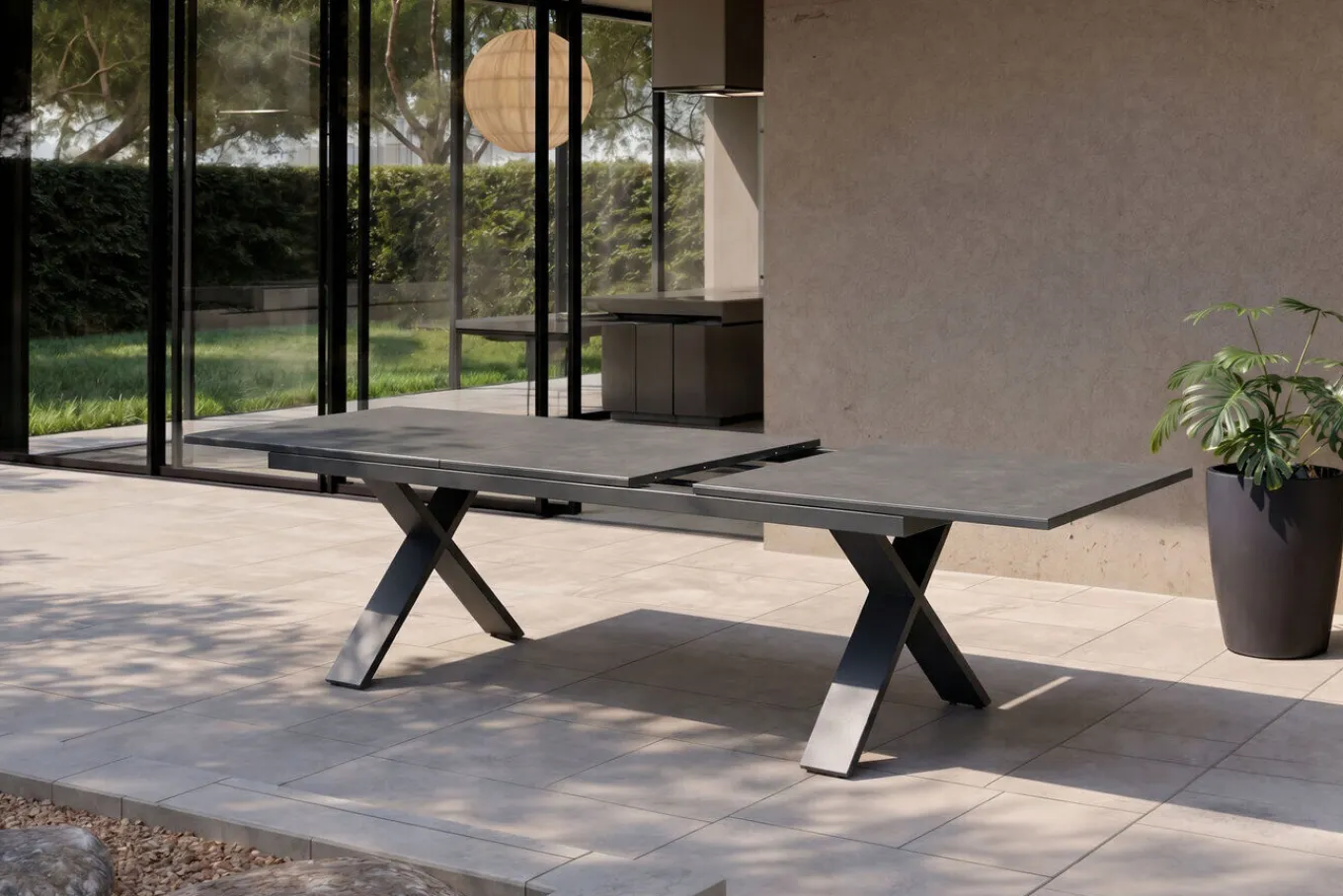 Best Garten-Essgruppe, Exklusivmodell Xanadu / Aruba Set, xerix/anthrazit, Alu/Glaskeramik, 8 Stapelsessel, 220/280x100cm Garten-Essgruppen