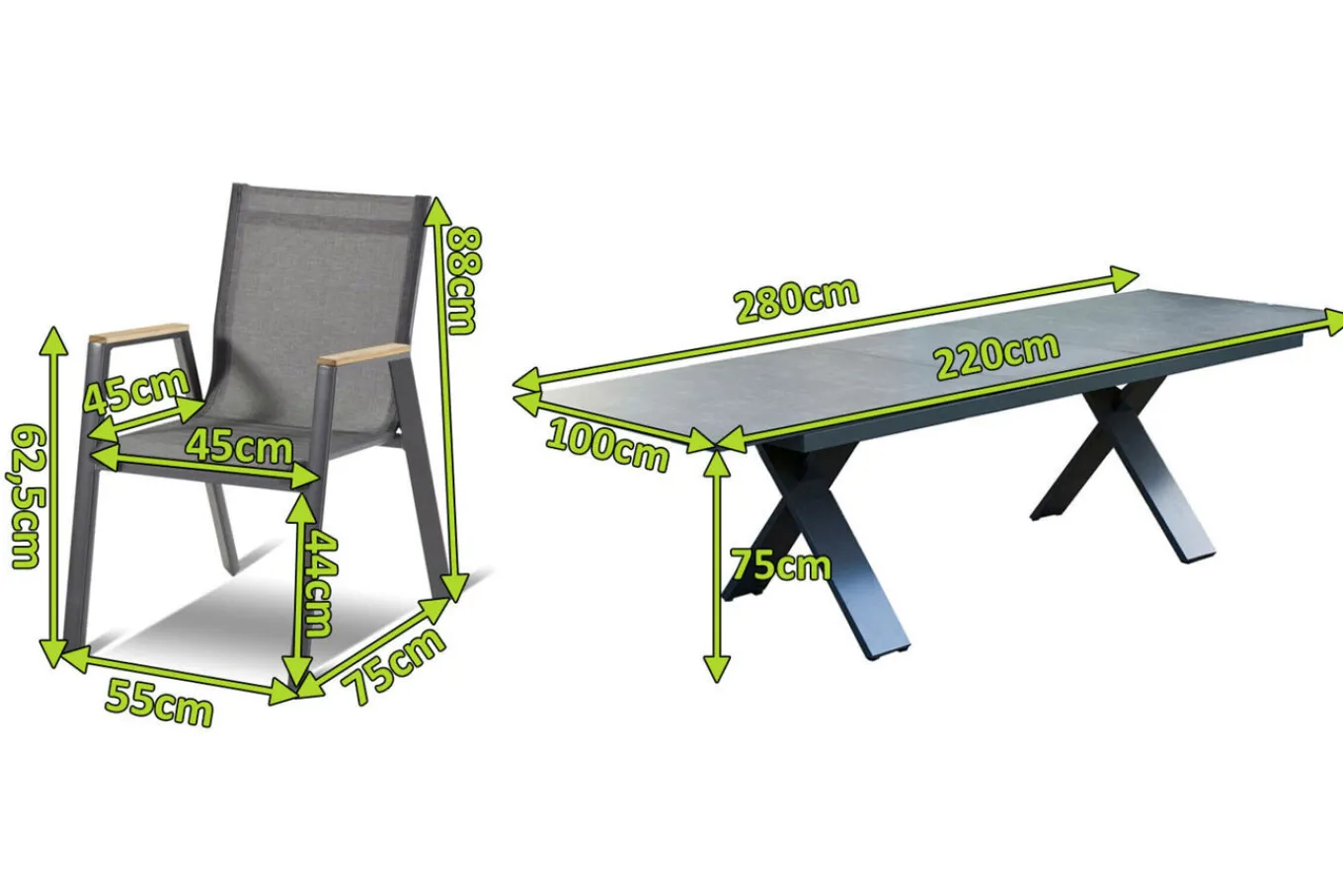 Best Garten-Essgruppe, Exklusivmodell Xanadu / Aruba Set, xerix/anthrazit, Alu/Glaskeramik, 8 Stapelsessel, 220/280x100cm Garten-Essgruppen