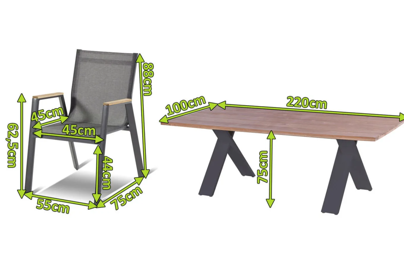 Discount Garten-Essgruppe Xanadu / Aruba Set, xerix/anthrazit, Alu/Teakholz, 6 Stapelsessel, Teakarmlehnen, 220 x 100 cm Garten-Essgruppen