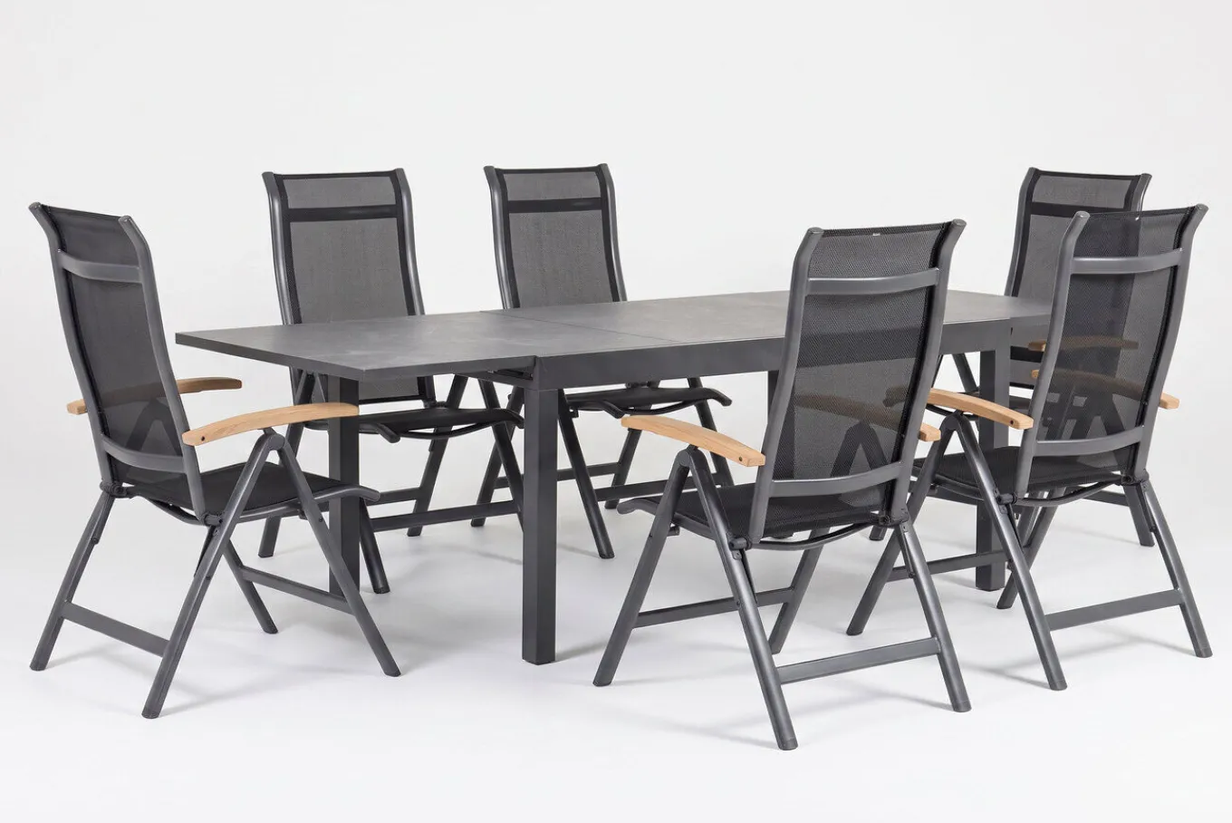Outlet Garten-Essgruppe, xerix-anthrazit, Alu/HPL, 4x4 Textilen, 260/160x90 cm, 6 Personen Garten-Essgruppen
