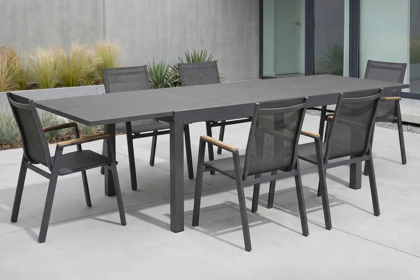 Clearance Garten-Essgruppe, xerix-anthrazit, Alu/HPL, 260/160x90 cm, 6 Sessel Garten-Essgruppen