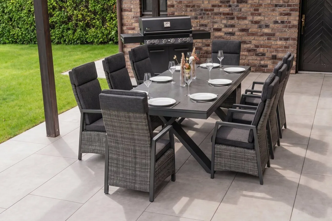 Sale Nova Garten-Essgruppe, anthrazit/grau, Alu/Polyrattan/Glaskeramik, 220/280 x 100 cm, ausziehbarer Tisch, verstellbare Sessel Polyrattan-Gartenmöbel|Garten-Essgruppen