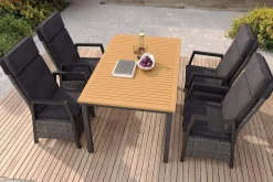 Online Nova Garten-Essgruppe mit 4 Sesseln, anthrazit/grau, Alu/Polyrattan/Teak, 150/210 x 90 cm, ausziehbarer Tisch, verstellbare Rückenlehne Garten-Essgruppen