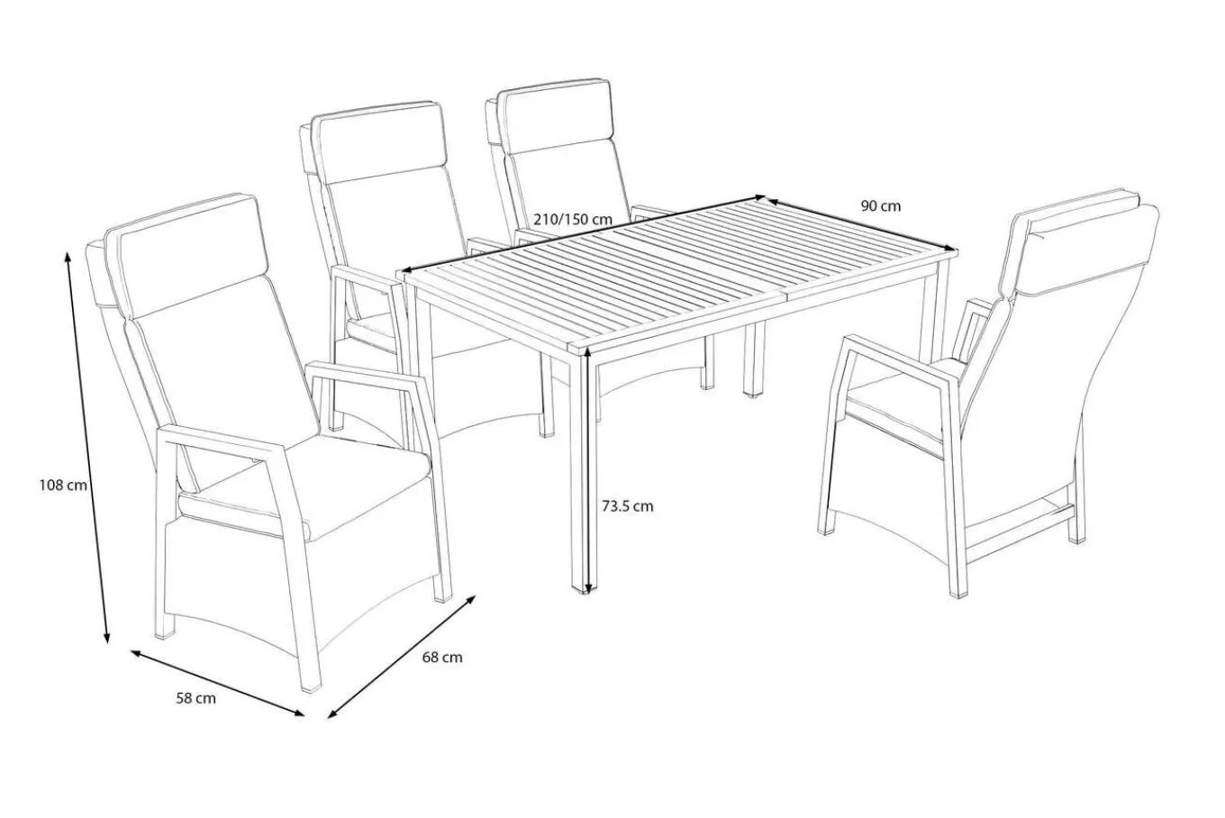 Online Nova Garten-Essgruppe mit 4 Sesseln, anthrazit/grau, Alu/Polyrattan/Teak, 150/210 x 90 cm, ausziehbarer Tisch, verstellbare Rückenlehne Garten-Essgruppen