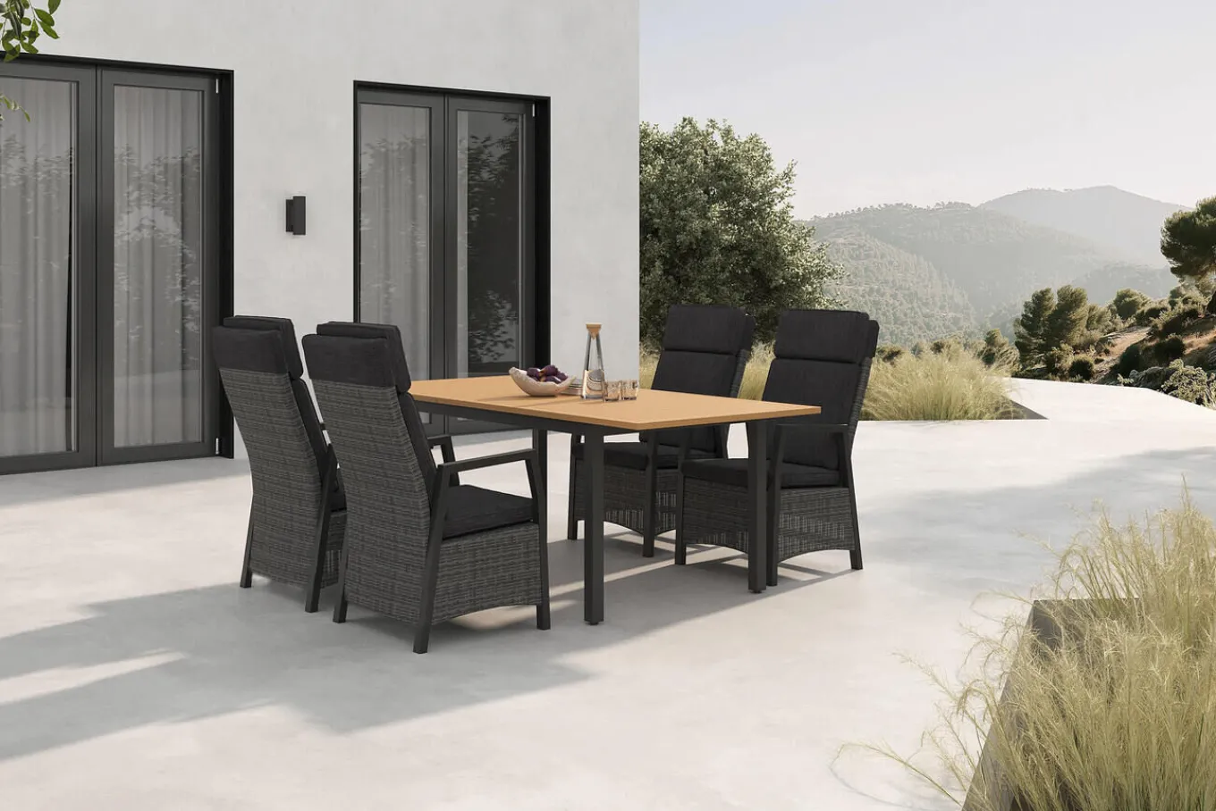 Online Nova Garten-Essgruppe mit 4 Sesseln, anthrazit/grau, Alu/Polyrattan/Teak, 150/210 x 90 cm, ausziehbarer Tisch, verstellbare Rückenlehne Garten-Essgruppen
