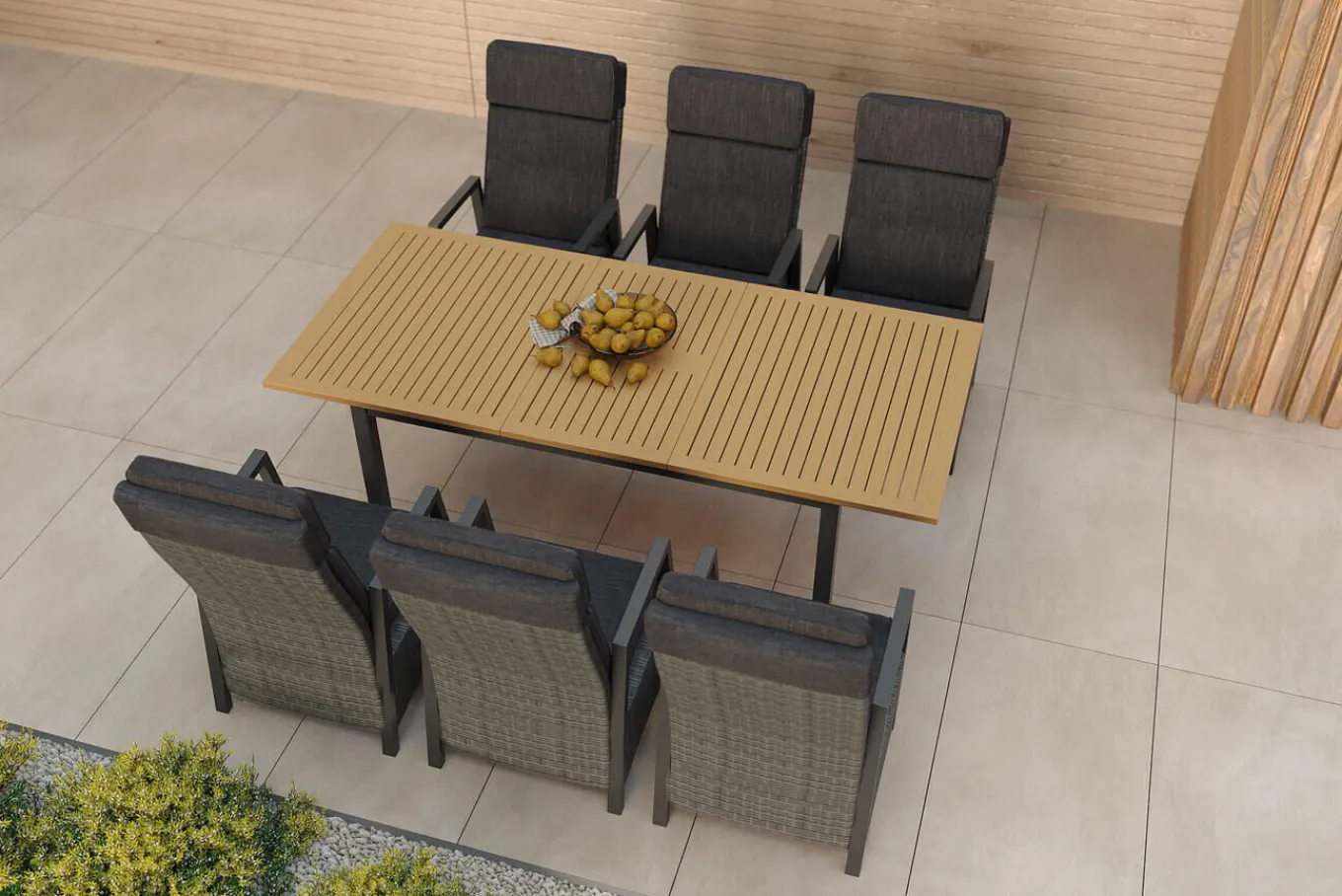 Best Nova Garten-Essgruppe mit 6 Sesseln, anthrazit/grau/natur, Alu/Polyrattan/Teak, Tisch 150/210 x 90 cm, verstellbare Rückenlehne Garten-Essgruppen
