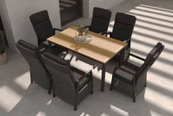 Best Nova Garten-Essgruppe mit 6 Sesseln, anthrazit/grau/natur, Alu/Polyrattan/Teak, Tisch 150/210 x 90 cm, verstellbare Rückenlehne Garten-Essgruppen