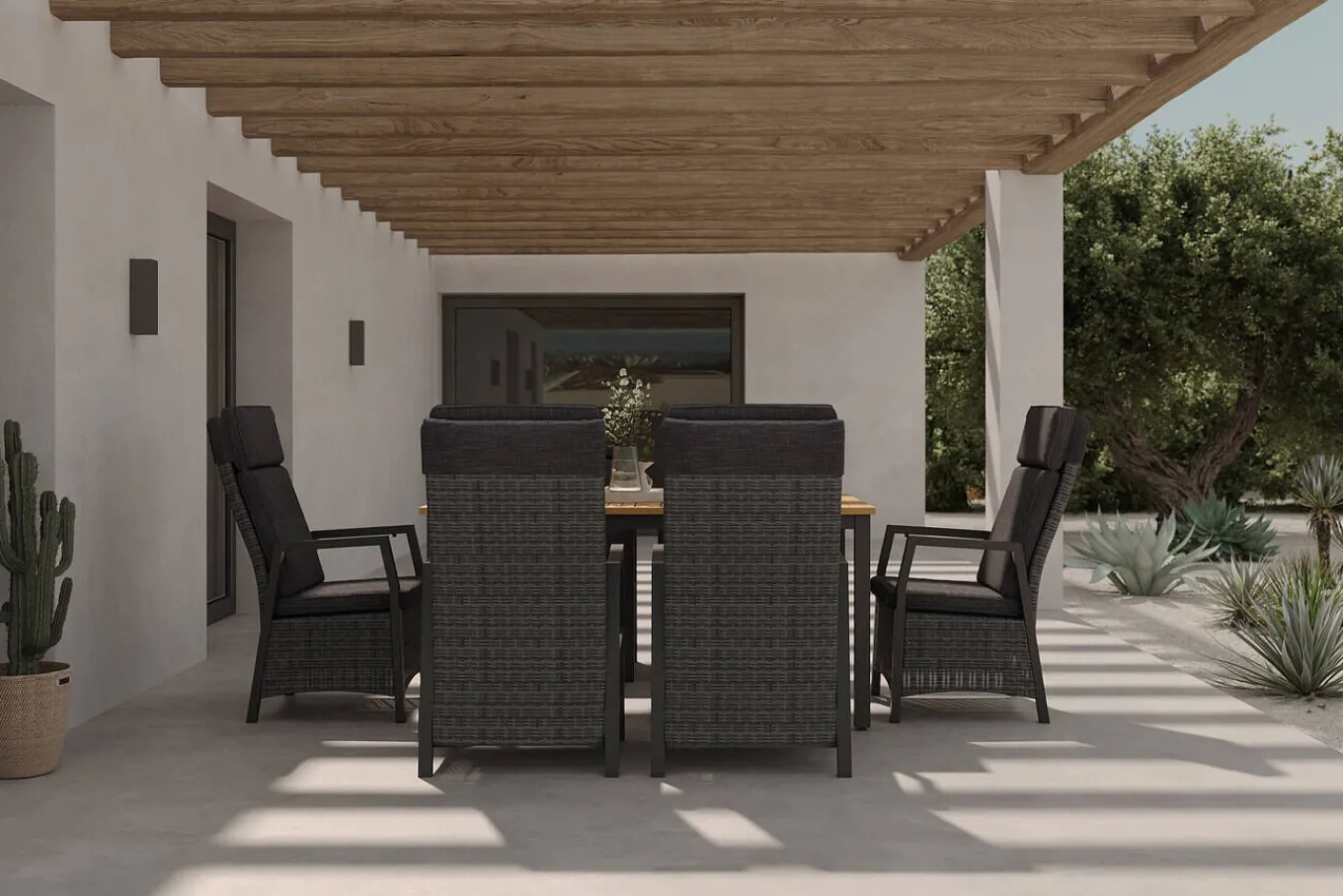 Best Nova Garten-Essgruppe mit 6 Sesseln, anthrazit/grau/natur, Alu/Polyrattan/Teak, Tisch 150/210 x 90 cm, verstellbare Rückenlehne Garten-Essgruppen
