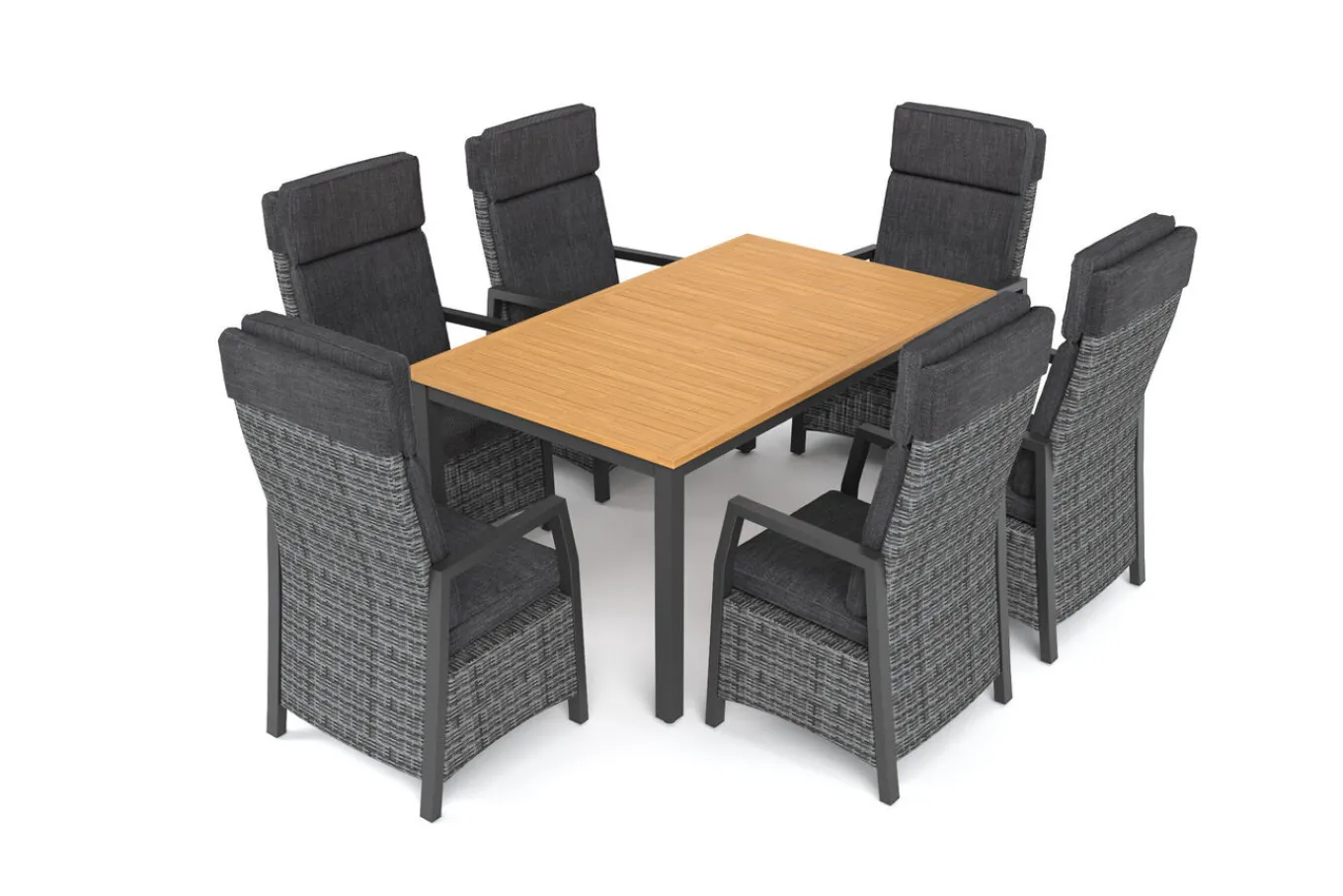 Best Nova Garten-Essgruppe mit 6 Sesseln, anthrazit/grau/natur, Alu/Polyrattan/Teak, Tisch 150/210 x 90 cm, verstellbare Rückenlehne Garten-Essgruppen