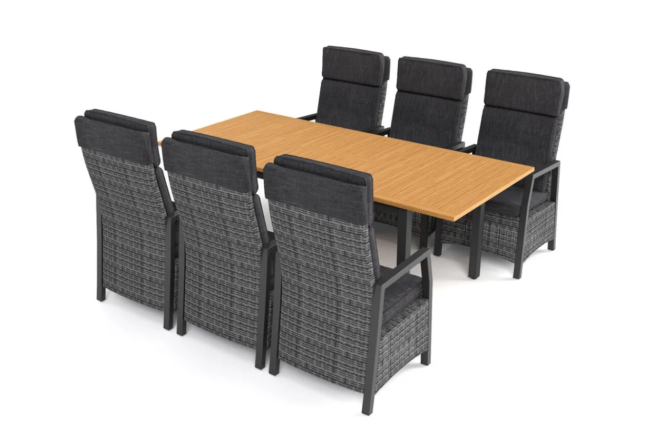 Best Nova Garten-Essgruppe mit 6 Sesseln, anthrazit/grau/natur, Alu/Polyrattan/Teak, Tisch 150/210 x 90 cm, verstellbare Rückenlehne Garten-Essgruppen