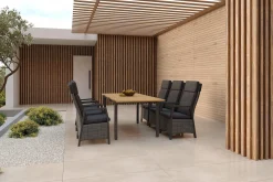 Best Nova Garten-Essgruppe mit 6 Sesseln, anthrazit/grau/natur, Alu/Polyrattan/Teak, Tisch 150/210 x 90 cm, verstellbare Rückenlehne Garten-Essgruppen