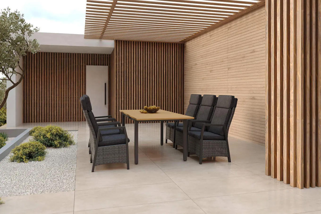 Best Nova Garten-Essgruppe mit 6 Sesseln, anthrazit/grau/natur, Alu/Polyrattan/Teak, Tisch 150/210 x 90 cm, verstellbare Rückenlehne Garten-Essgruppen